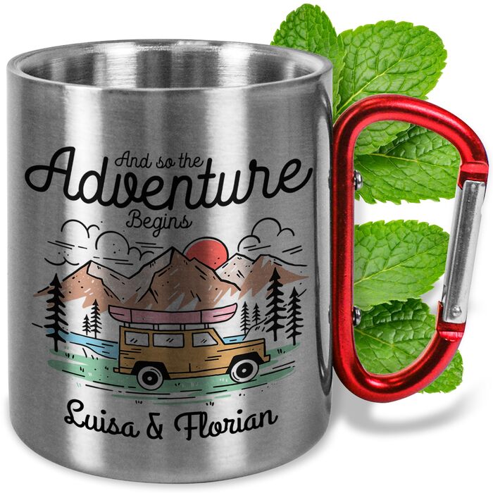 Персоналізована кружка з нержавіючої сталі з карабіном І так починається пригода металева кружка об&39ємом приблизно 330 мл, подарунок для кемпінгу для чоловіків та жінок для активного відпочинку