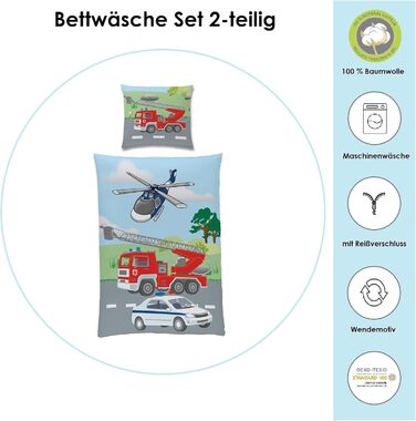 Дитяча постільна білизна Familando з мотивом поліцейської пожежної бригади з 100 бавовни - постільна білизна з двостороннім мотиво