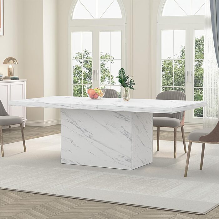 Сучасний обідній стіл HSH, великий обідній стіл для 6-8 осіб, прямокутний дерев&39яний кухонний стіл з міцною колоною для кухні, ресторану, мармуровий вигляд, білий, 180 см (70,87 x 31,5 x 29,9 дюймів)