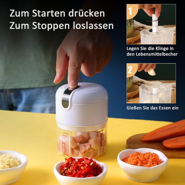Кухонний подрібнювач NAUDILIFE електричний, 300 мл Подрібнити за 3 секунди, Mini angel Бездротова нарізка цибулі USB, зі скляним контейнером, підходить для цибулі/фруктів/горіхів/м'яса/, JRQ-240 білий