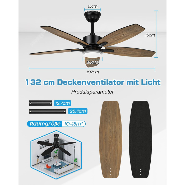 Стельовий вентилятор Airwit 106 см з підсвічуванням Двосторонні лопаті, Тихий стельовий вентилятор з підсвічуванням і пультом дист