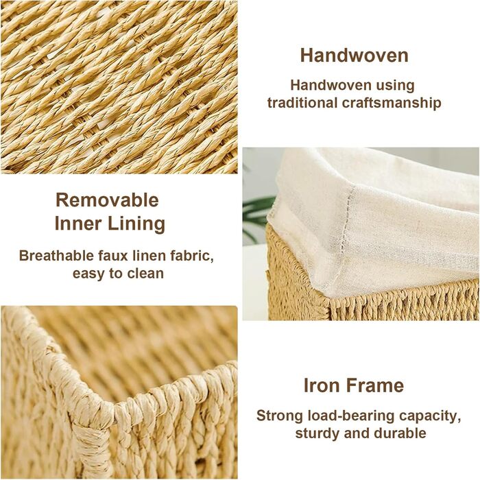 Набір із 3 кошиків для зберігання з кришками плетені кошики з паперової мотузки з металевим каркасом та підкладкою, 3 розміри, місце для зберігання речей у стилі бохо для ванної кімнати, пеленальний столик, органайзер та декор