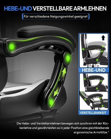 Ігрове крісло Dowinx, офісне крісло, масажне ігрове крісло з регульованими по висоті підлокітниками, ергономічне ігрове крісло з підставкою для ніг, м&39яке ігрове крісло, нахил спинки 150, до 180 кг, білий колір