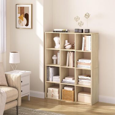 Книжкова полиця eSituro з 12 відділеннями, окремостояча кубічна полиця, відкрита полиця-перегородка для кімнати, сучасна стояча полиця, для вітальні, дитячої кімнати, офісу, спальні, 9120x29 см, світлий дуб