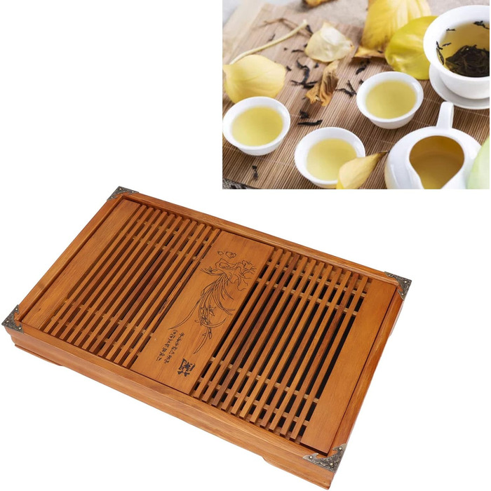 Піднос для чайної церемонії Гунфу, дерев'яний, з великим резервуаром для води та орхідеями, для чайної церемонії Гунфу, 28 x 43 см