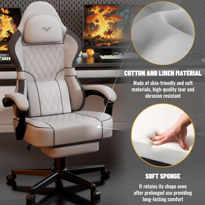 Ігрове крісло Soontrans з масажною поперековою опорою, м&39яке ігрове крісло, ергономічне ігрове крісло з підставкою для ніг, бавовна, регульована спинка 90-160, ігрове крісло (біле), суміш бавовни та льону, білий