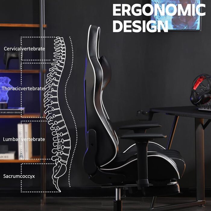 Ігрове крісло Cavabien, вантажопідйомність 200 кг, регульоване по висоті ігрове крісло, ігрове крісло з регульованою поперековою опорою, комп&39ютерне крісло зі штучної шкіри (чорне)