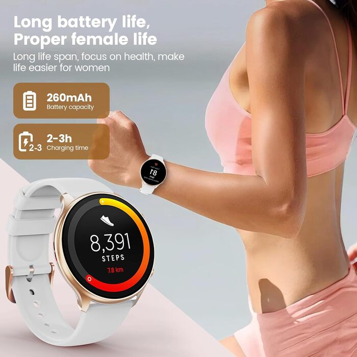 Жіночий круглий смарт-годинник із функцією телефону, фітнес-трекер із сенсорним екраном 1,39 дюйма, пульсометром, монітором SpO2, монітором сну, монітором менструального циклу, понад 120 спортивних режимів, крокоміром для iOS та Android (рожево-золотистий