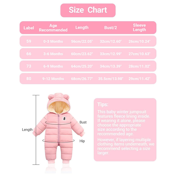Дитячий зимовий комбінезон з капюшоном, зимовий комбінезон для хлопчиків та дівчаток, комбінезон з довгими рукавами, теплий одяг, подарунок, 9-12 місяців (), рожевий