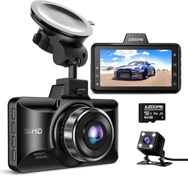 Автомобільна передня задня камера AZDOME M01 Pro Dashcam 1080P FHD з картою пам'яті 64GB, подвійна автомобільна камера з моніторин