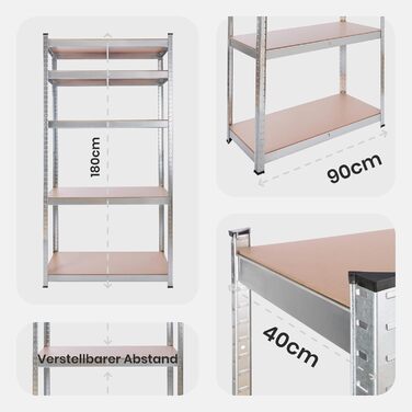 Комплект міцних полиць Arebos з 2 предметів 180 x 90 x 40 см Вантажопідйомність 875 кг Товщина 0,63 мм 5 регульованих полиць з МДФ Полиця для зберігання, полиця для підвалу, полиця без болтів, полиця для майстерні Оцинковане срібло