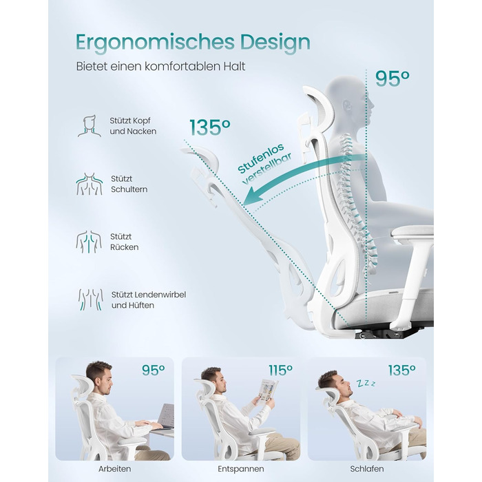 Ергономічне офісне крісло SONGMICS, стілець для роботи, комп&39ютерне крісло, регульований поперековий відділ та підголівник, вантажопідйомність до 150 кг, регульована висота, колір &quotголубий сірий&quot OBN066GD01