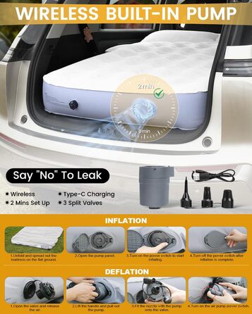 Надувний автомобільний матрац, матрац для позашляховика в багажник автомобіля, з ПВХ-флоком, портативний, універсальний з подушкою та вбудованим насосом для подорожей, універсалів, кемпінгу