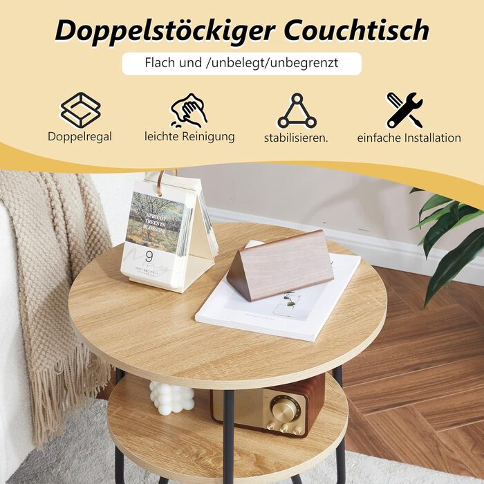 Круглий журнальний столик Mingone, бічний столик з 2 полицями, сучасний диванний столик з місцем для зберігання, маленький столик для вітальні, спальні, балкону, кольору дерева