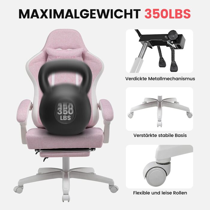 Тканина для ігрового крісла GTPLAYER, ігрове крісло з подушкою-пружиною Pocket Spring, ергономічне поворотне крісло, ігрове крісло з підставкою для ніг, вантажопідйомність 150 кг, рожево-білий