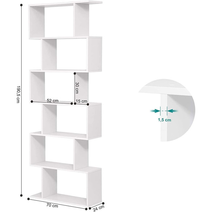 Ярусна книжкова полиця Mondeer, біла, S-подібна дерев&39яна полиця, офісна полиця з місцем для зберігання для вітальні та спальні, 70x24x190,5 см, 6-