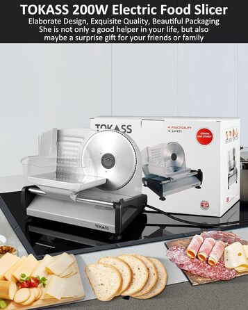 Електричний нарізувач їжі потужністю 200 Вт з нержавіючої сталі - регульований кухонний комбайн від 0 до 15 мм - 2 леза - Слайсер для ковбаси - Нарізка для хліба, Шинка, електричний ніж М'ясо та сир 2 леза срібло 200 Вт Потужність