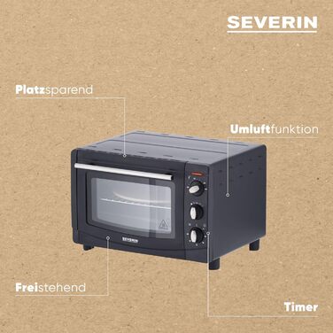 Піч для випічки та підсмажування SEVERIN з функцією конвекції, міні-піч з решіткою для гриля, деко для випічки, гриль і камінь для піци, універсальна конвекційна піч ємністю 20 л, 1 500 Вт, чорний, TO 2068 Ручка зручного дизайну одинарна