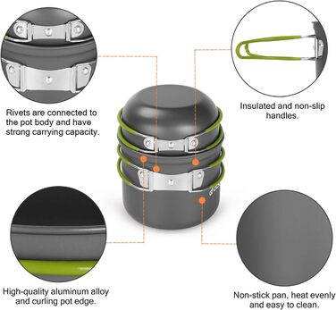 Набір посуду для кемпінгу Odoland, 16 предметів для 2 осіб, посуд для кемпінгового використання з алюмінію та нержавіючої сталі, кемпінгові горщики, чашки, складні столові прибори, міні-пічка для кемпінгового посуду, пікніків та походів.