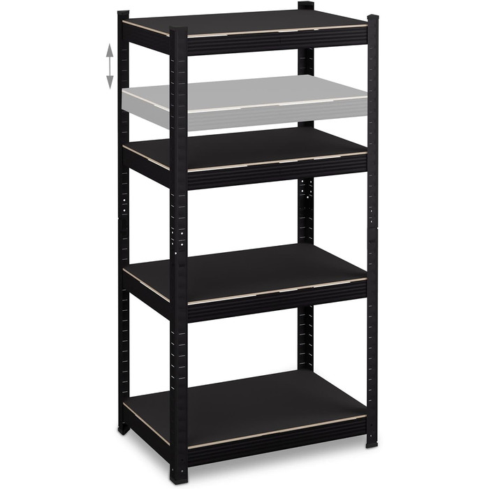 Міцний стелаж Relaxdays, ВxШxГ 120x60x40 см, 4 полиці, сталь, чорний 1000 кг, полиця для зберігання в підвалі, гаражі, підключається до розетки