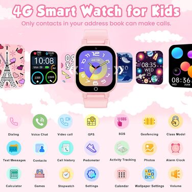 Розумний годинник 4G для дітей з GPS, дитячий годинник з телефоном, відеодзвінками та голосовим чатом, Wi-Fi, SOS, крокомір, будильник, ігри, дитячий подарунковий наручний годинник для дівчаток та хлопчиків віком від 4 років, рожевий