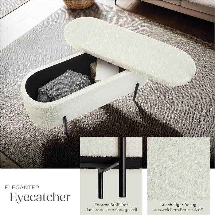 Лавка для зберігання tectake, скриня з кришкою, м&39яка лава/лава для зберігання/лава біля ліжка з місцем для зберігання, ящик для зберігання, скриня для зберігання, оббита тканиною букле в скандинавському стилі