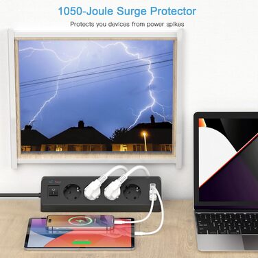 Кутова розетка з 2 USB і 2 Type-C, 4-х секційна розетка з вимикачем, захист від перенапруги з подовжувачем і кабелем 2M для кухні