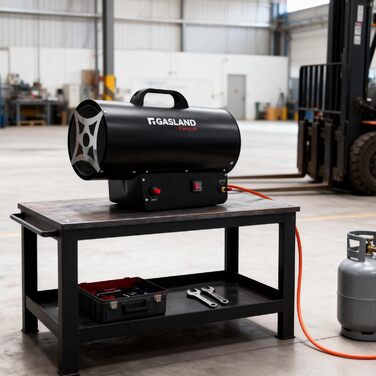 Газовий обігрівач GASLAND FlameJet FH30FBDE потужністю 30 кВт з редукційним клапаном 700 мбар, конвекційним нагрівом, турбовентилятором, захистом від перегріву