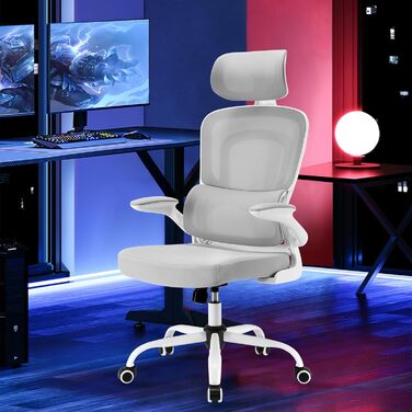 Ергономічне офісне крісло Farini, комп&39ютерне крісло з колесами, письмове крісло для комфортного домашнього офісу, крісло керівника з регульованою висотою та підголівником, сірий/білий 1680-сірий/білий з підголівником