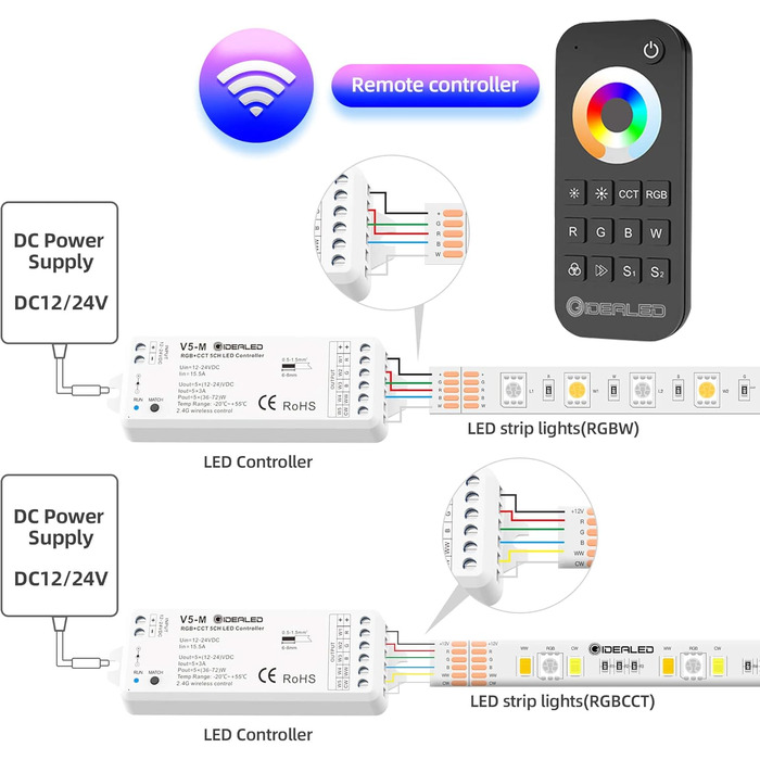 Бездротовий контролер 5 в 1 зі світлодіодною стрічкою з радіочастотним пультом дистанційного керування, 5-канальний світлодіодний контролер RGBWW з регулюванням яскравості для CCT RGB RGBW RGBCCT і 5 білих світлових стрічок DC12-24V, 2.4G