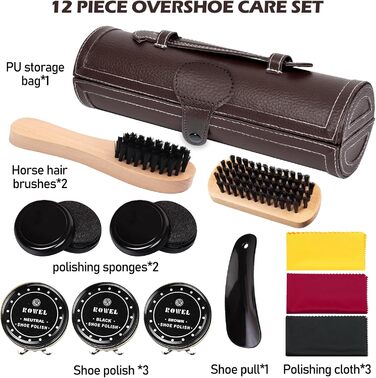 Набір для чищення взуття Vegena, набір для догляду за взуттям із 12 предметів для подорожей - із щітками для взуття, кремом для взуття, серветкою для полірування, ріжком для взуття, губкою, набором для догляду за взуттям та кремом для шкіряного взуття