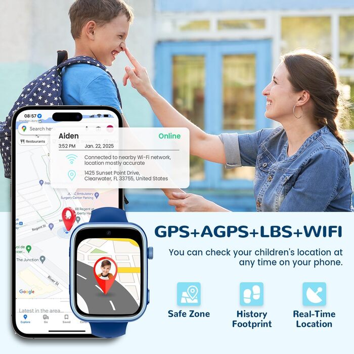 Дитячий смарт-годинник з функцією відеодзвінків та телефону, дитячий годинник з GPS, голосовим чатом, WhatsApp, WiFi, SOS, SMS, шкільним режимом, крокоміром, водонепроникний IP68, будильник, дитячий смарт-годинник для дівчаток/хлопчиків, синій