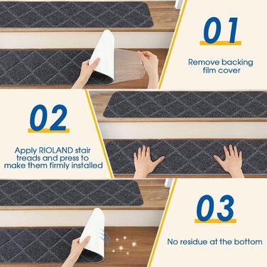 Килимок для сходів RIOLAND, нековзний, для використання в приміщенні, дерев&39яний, 20,3 x 76,2 см, діамантово-сірий