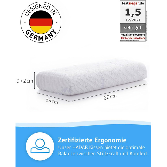 Подушка Third of Life HADAR 40x80 см, регульована по висоті, високоякісна піна з ефектом пам&39яті для підтримки шийного відділу хребта, подушка для підтримки шиї з терморегулюючим чохлом, ергономічна подушка для шийного відділу хребта, підходить для чохл