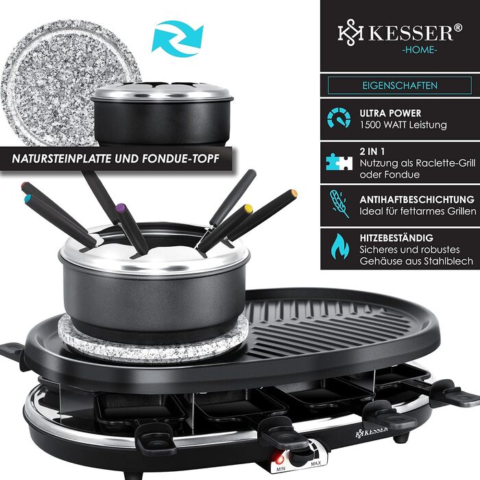 Раклет-гриль KESSER 3в1 з натуральним каменем гриль, гриль-тарілка і фондю, настільний гриль на 8 осіб, електрогриль, раклетний гриль, гриль, антипригарна тарілка, 8 сковорідок і дерев'яна лопатка, в т.ч. фондю