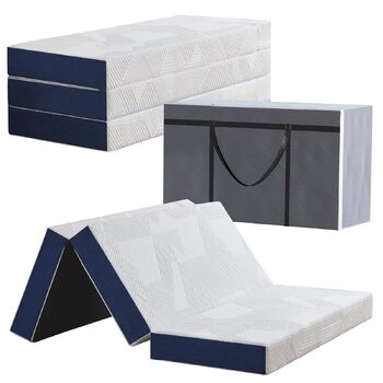 Складаний матрац 120 x 195 x 15 см, 4-секційний, складний - Складаний матрац зі знімним чохлом, гостьовий матрац для подорожей, кемпінгу, гостьове ліжко (білий та синій) 120x195x15 15,0 сантиметрів