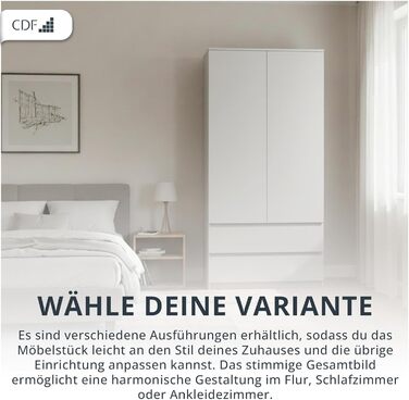 Шафа CDF Біла, ширина 90 см, дитяча кімната, спальня, 2 шухляди, 2-дверна шафа, сучасний вигляд, все для складання в комплекті, одяг, іграшки, біла, без дзеркала