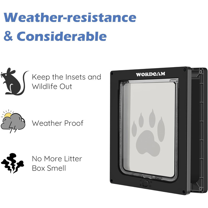 Котячі дверцята Wordcam XL, міцні котячі дверцята для внутрішніх та зовнішніх дверей, 4-стороннє замикання, дверцята для котів, кошенят, собак вагою до 11,3 кг, легке встановлення, водонепроникні (чорні)