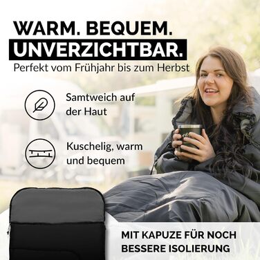 Спальний мішок-ковдра з капюшоном, розрахований на температуру -3C, включаючи подушку - Зимовий та літній спальний мішок для активного відпочинку на 3-4 сезони (75 x 220 см) - Спальний мішок-кабінка для чоловіків та жінок (теплий), чорний, 280 г/м, з капю