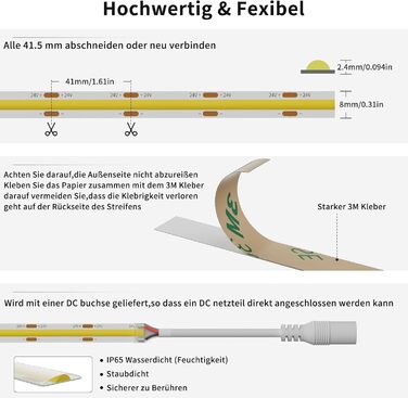 Світлодіодна стрічка PAUTIX COB IP65 водонепроникна 3000K тепла біла DC24V, 6 м 504 світлодіоди/м Світлодіодні стрічки CRI90, світлодіодна стрічка для домашньої кухні своїми руками з 8-міліметровим роз'ємом для качана (адаптер живлення не входить у компле