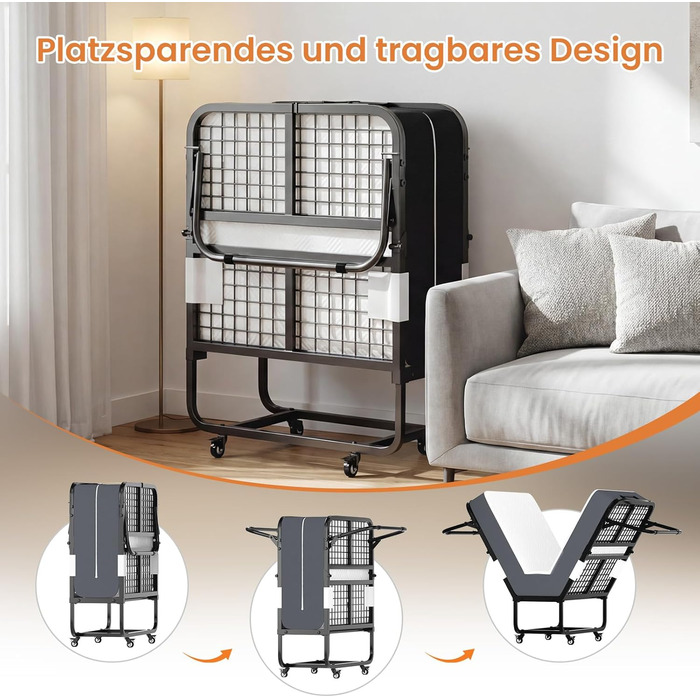 Розкладне ліжко (вкл. матрац з піни з ефектом пам&39яті товщиною 13 см), Розкладне гостьове ліжко, Для дорослих 90 x 200 см, Металевий розкладний каркас, Посилена металева сітка, Вантажопідйомність 250 кг 90X200 см