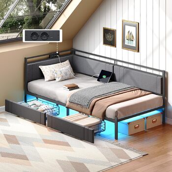 Диван-ліжко HOOBRO 90 x 200 см з 2 шухлядами, рейкова основа, каркас ліжка, м&39яке ліжко із зарядною станцією та світлодіодним освітленням, м&39яке ліжко, односпальне ліжко, для спальні, сірий та чорний EBG81CDBF01