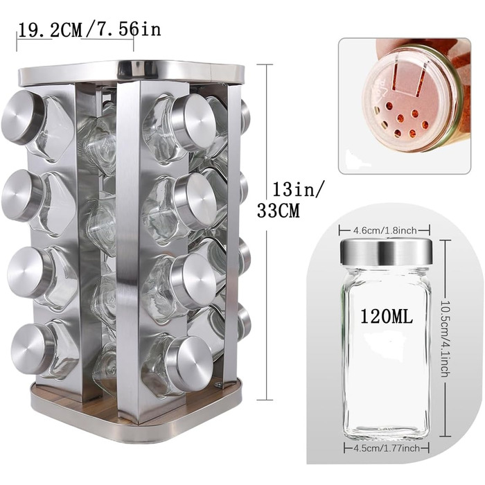 Обертова на 360 підставка для спецій з нержавіючої сталі з 16 баночками для спецій карусельний органайзер для спецій для кухні, дерев&39яна та скляна підставка для спецій, поворотний стіл компактна, стійка до іржі, без бісфенолу А, срібляста