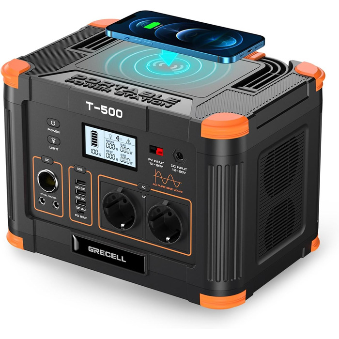 Портативна електростанція 500 Вт/519 Втгод, електростанція Grecell (пікова потужність 1000 Вт), безшумна, швидкозарядна, екологічно чиста сонячна генераторна установка для кемпінгу, автофургонів та аварійних ситуацій удома.