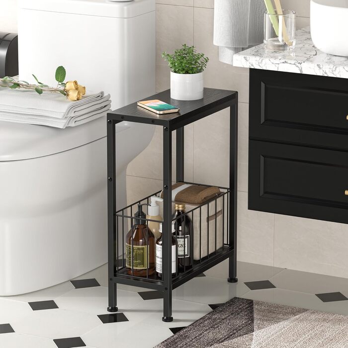 Вузький приставний столик, тонкий приставний столик з полицею для журналів, 2 полиці, вузька тумбочка біля ліжка, маленький журнальний столик для вітальні, спальні, кабінету, 20 x 43 x 58 см (Чорний)
