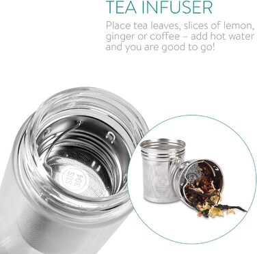 Скляна пляшка для чаю Navaris з нержавіючої сталі - пляшка для чаю 500 мл, чайник на винос - пляшка для пиття з боросилікатного скла з подвійними стінками та сірим прозорим рукавом