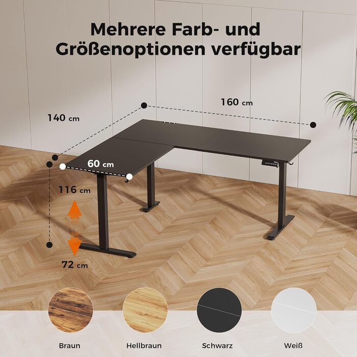 Г-подібний стіл Agilestic з регульованою висотою, 160 x 140 см, кутовий стіл з електрорегулюванням висоти, ергономічний стіл для роботи сидячи та стоячи, комп&39ютерний стіл, чорний, 160 x 140 см