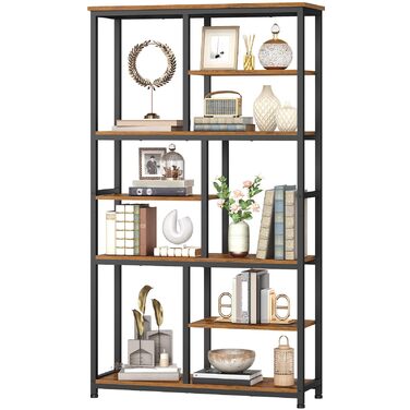 Книжкова полиця HOOBRO, окремостояча полиця з 4 регульованими ніжками, вертикальна полиця, офісна полиця, полиця для зберігання речей для вітальні та кабінету, 100 x 28 x 180 см, вінтажний коричневий та чорний EBF06SJ01