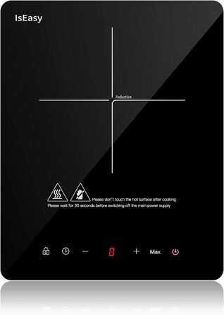 Індукційна варильна поверхня, індукційна варильна поверхня IsEasy 1 пластина 2100 Вт, варильна поверхня 28 см, портативна індукційна плита, 9 налаштувань нагріву, 8-годинний таймер, сенсорне керування, функція підсилення, чорний, 220-240 В