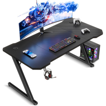 Ігровий стіл 120 x 60 см, ігровий стіл, ПК-стіл з гачком для навушників та карбоновим покриттям, ергономічний комп&39ютерний стіл, металевий каркас, карбон чорного кольору